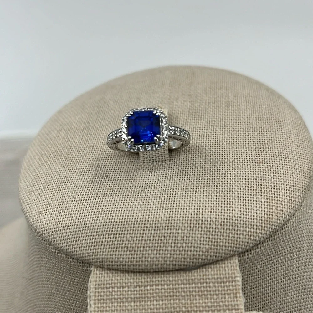 Sterling Silver 925 ๐ Blue Sapphire CZ Halo Ring - Size 7 - Picture 1 of 17